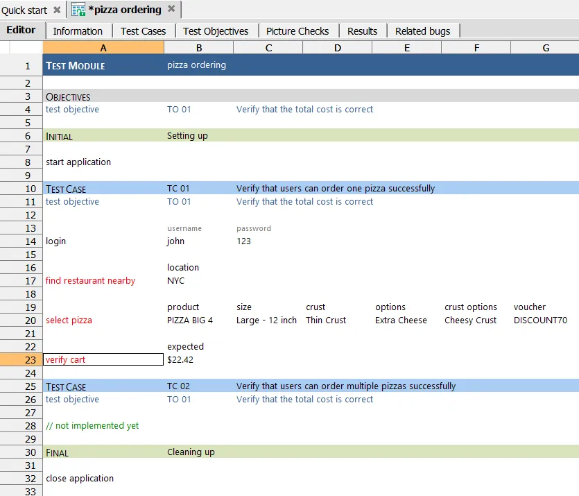 A pizza ordering test written in TestArchitect IDE A pizza ordering test written in TestArchitect IDE