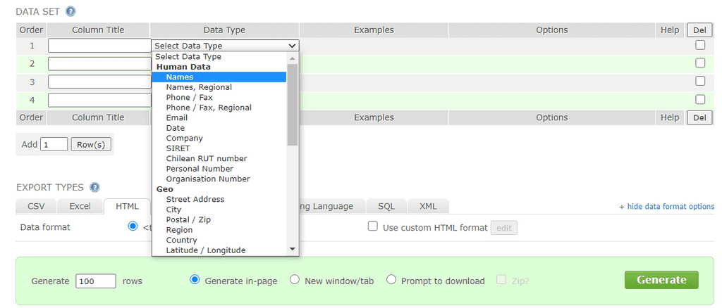 Generate a realistic dataset for testing purposes