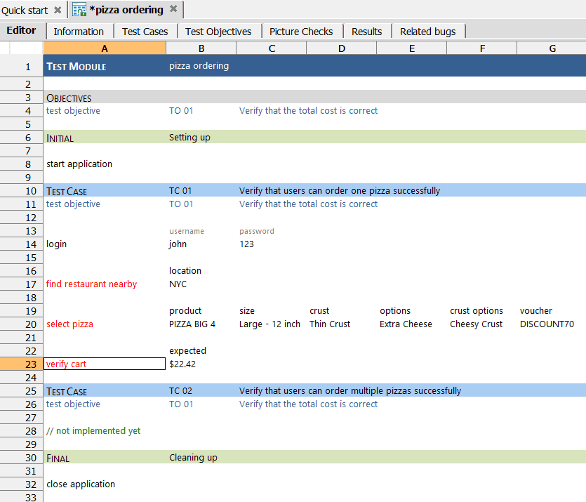 A pizza ordering test written in TestArchitect IDE A pizza ordering test written in TestArchitect IDE