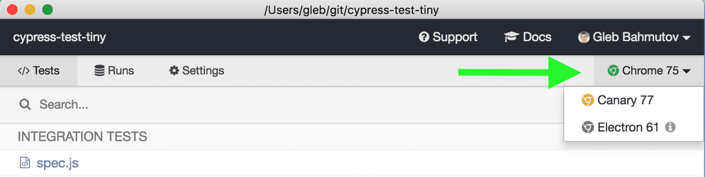 Cypress only supports Chrome, Canary and Electron