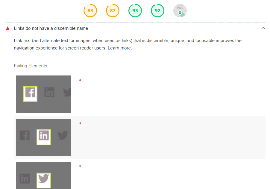 Accessibility problem examples - Screenshot from Lighthouse